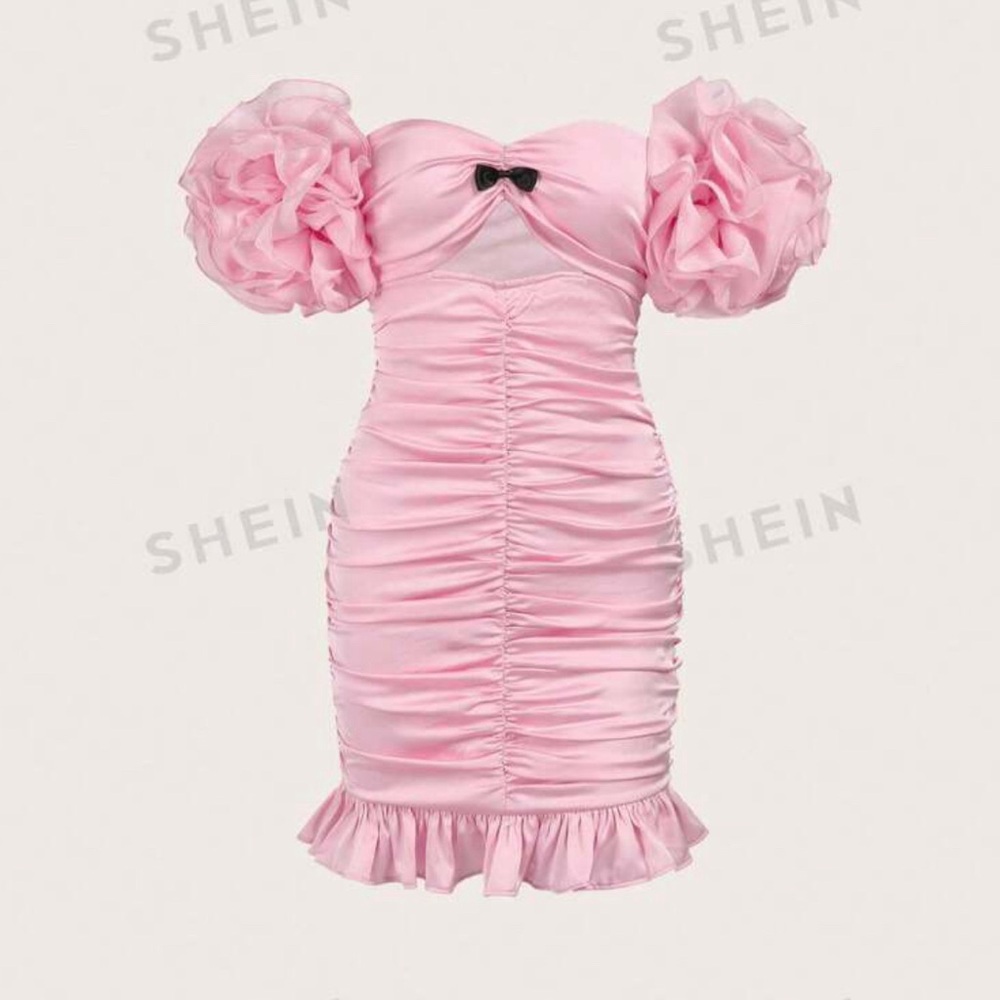 Pink off the shoulder puffed sleeve dress